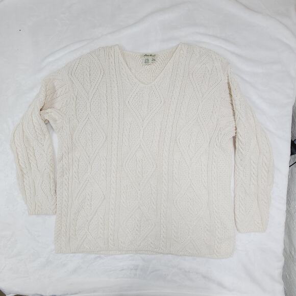 Eddie Bauer Sweaters - Eddie Bauer Cableknit Sweater V-Neck Cream Plus Fisherman Aran Style XXL